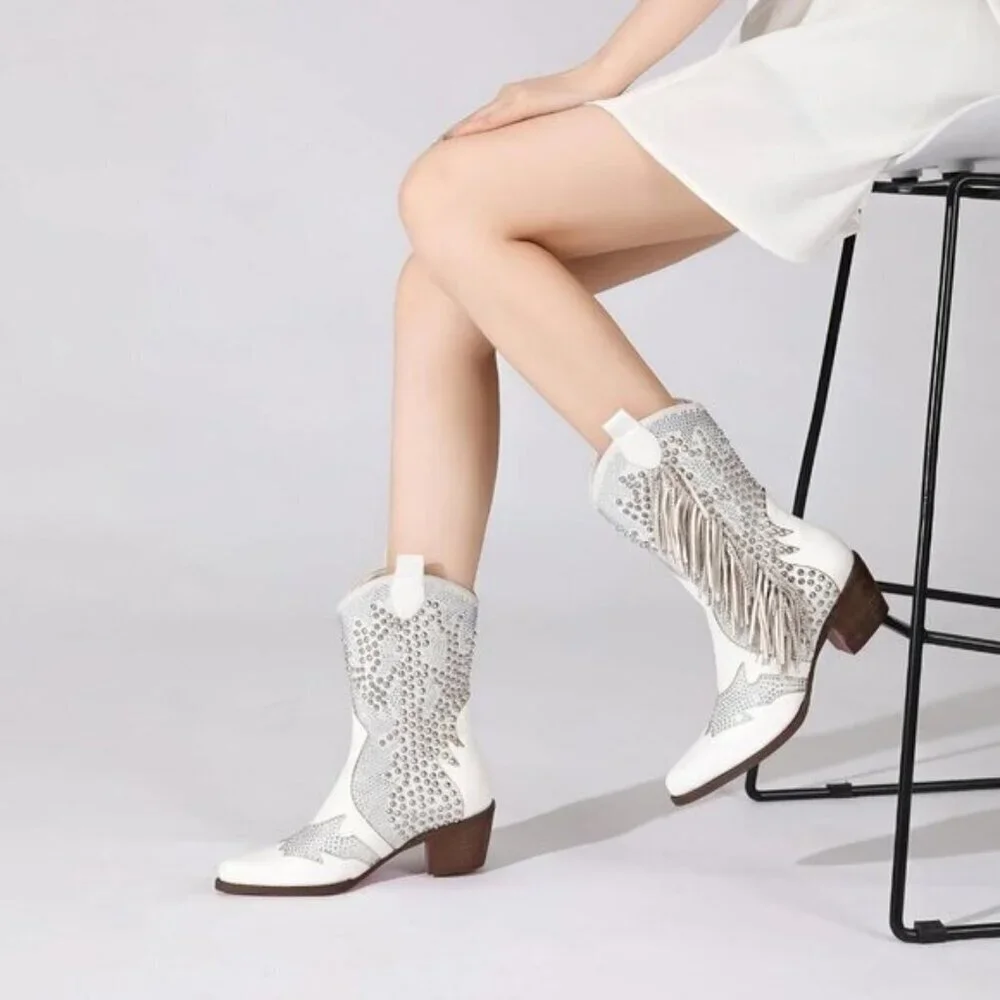 Women Rhinestone Western Boots - Pointed Toe Chunky Heel Ankle Cowgirl Booties - Picture 4 of 6